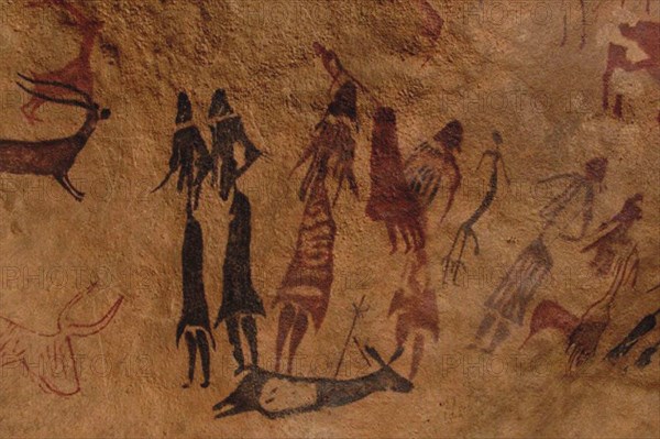 The dancers of Cogul. Cave painting from the Roca de los Moros (Roca dels Moros).