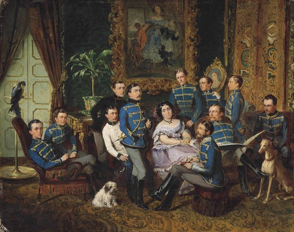 Portrait of Countess Julia Samoilova (1803-1875) with Austrian Hussars , 1855.