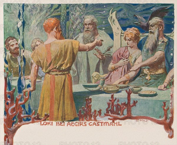 Loki at Ægir's Banquet. From Valhalla: Gods of the Teutons, c. 1905.