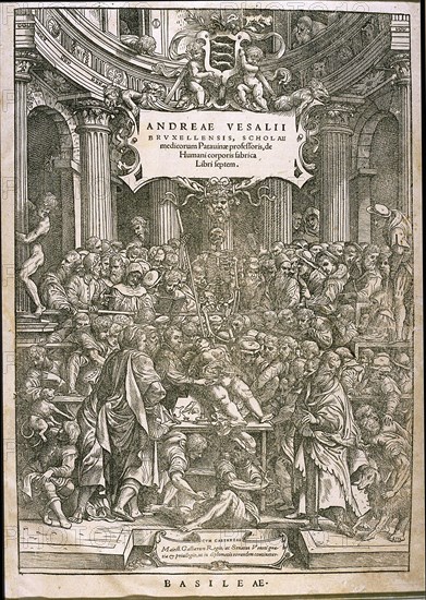 Title page from De humani corporis fabrica by Andreas Vesalius, ca 1543.