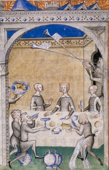 Miniature from Le Remède de Fortune by Guillaume de Machaut. Feast scene, 1355-1360.