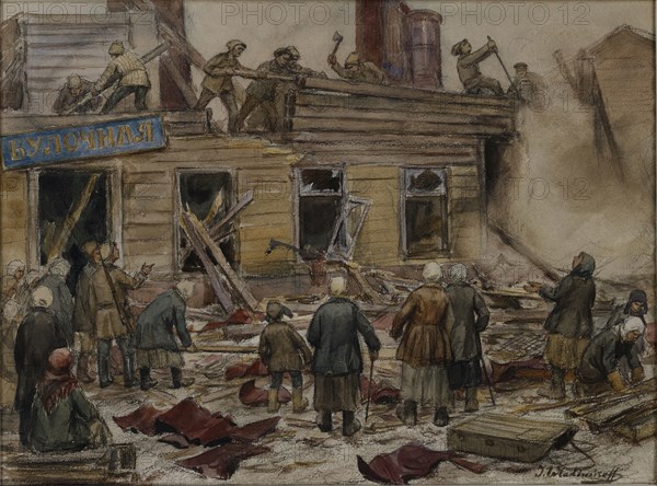 Workmen demolishing wooden houses for fuel , 1920.