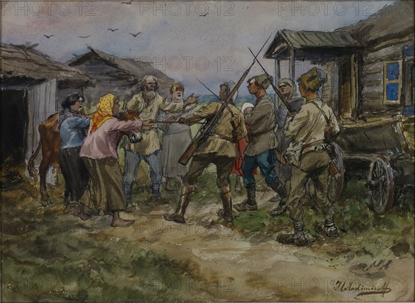 Requisition of cattle for the Red Army in a village near Luga, 1920.