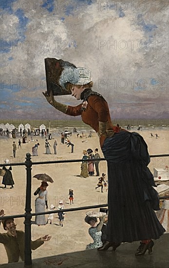 Lady on the walkway of a seaside resort, 1883.