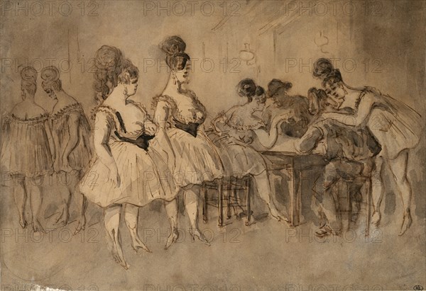 Men with scantily dressed women sitting at the table.
