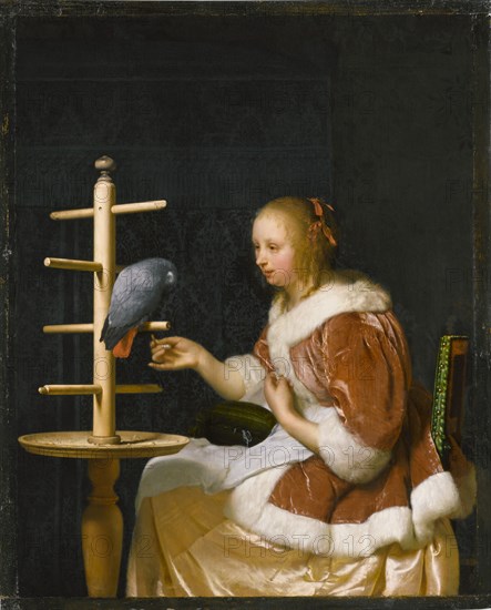 Young Woman Feeding a Parrot, 1663. Creator: Mieris, Frans van, the Elder (1635-1681).