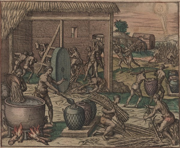 Slaves process sugar cane and make sugar, 1595. Creator: Bry, Theodor de (1528-1598).
