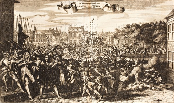 Scene of the crowd murdering Cornelis and Johan de Witt, The Hague, 20 August 1672, 1675. Creator: Anonymous.