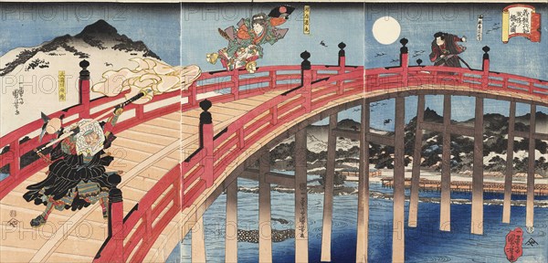 Yoshitsune ichidaiki Gojo-no-hashi no zu, ca 1839. Creator: Kuniyoshi, Utagawa (1797-1861).