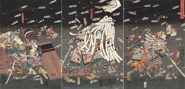 The last stand of the Kusunoki at Shijonawate (Nanke yushi shijonawate nite uchijini), c.1851. Creator: Kuniyoshi, Utagawa (1797-1861).