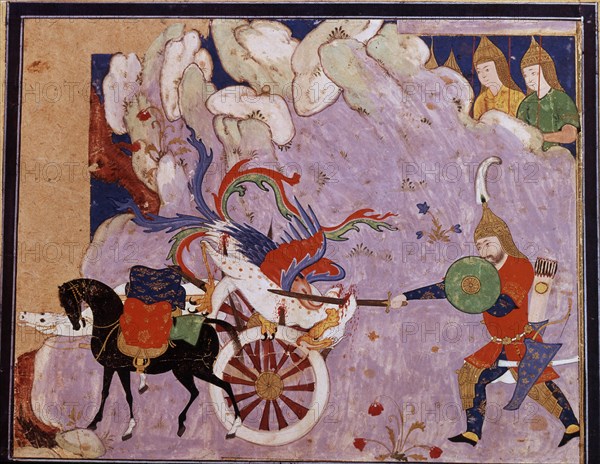 Esfandiyar murders Simurgh (Manuscript illumination from the epic Shahname by Ferdowsi), 16th centur