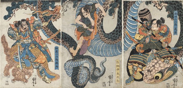 Yegara Heita Tanenaga, Izumi Kojiro Chikahira and Wada Kojiro Yoshishige battling a giant python.