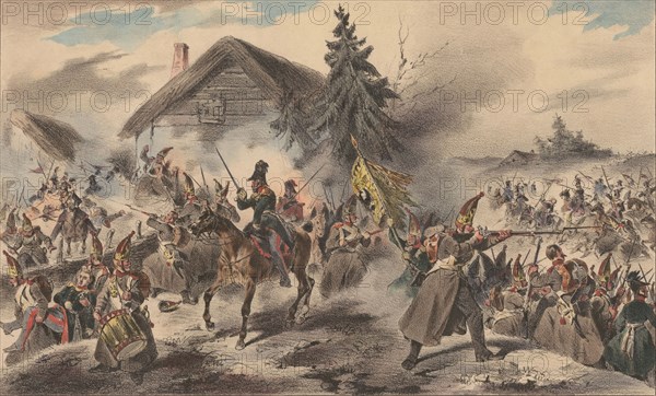 Russian grenadiers attacked by Polish Uhlans, 1835.
