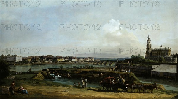 Dresden seen from the left bank of the Elbe river, below the fortifications, 1748.