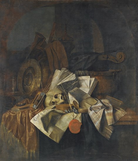 Vanitas still life with a skull, a shield, an hour glass, books and papers on a tabletop.