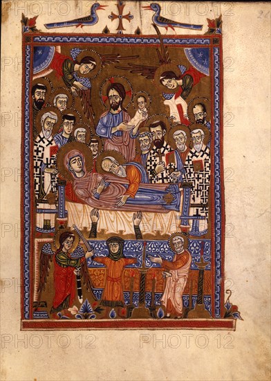 The Dormition of the Virgin (Manuscript illumination from the Matenadaran Gospel), 14th century.