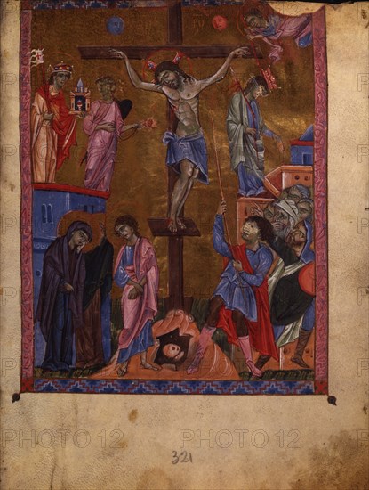 The Crucifixion (Manuscript illumination from the Matenadaran Gospel), 1268.
