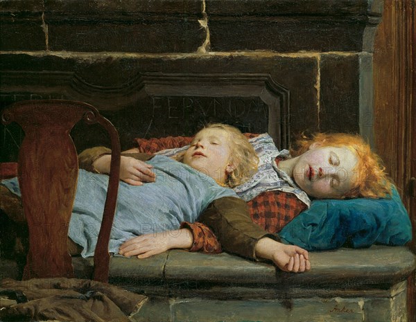 Two sleeping girls on the stove bench, 1895.