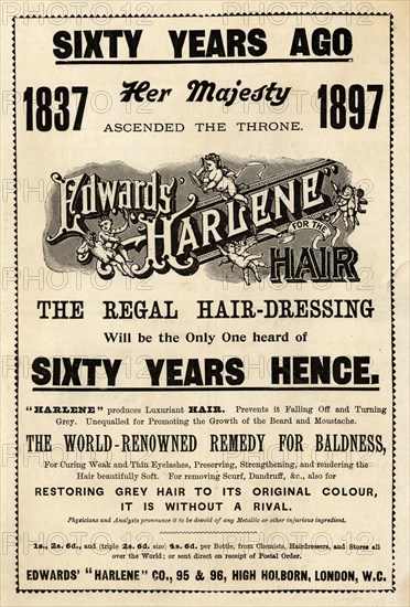 Edwards Harlene hair dressing, 1897. Artist: Unknown