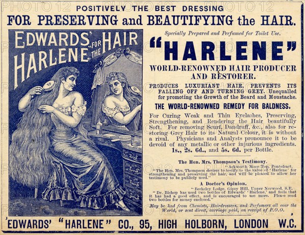 Edwards Harlene hair dressing, 1890s. Artist: Unknown