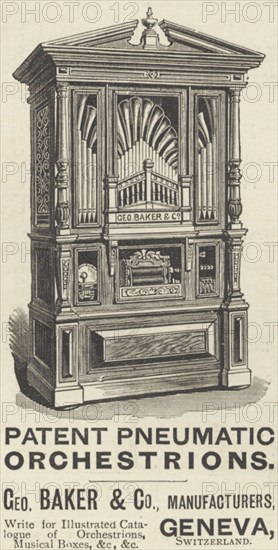 Geo Baker & Son Patent Pneumatic Orchestrions, 1893. Artist: Unknown