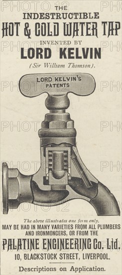 Palatine Engineering Indestructible hot and cold water tap, 1893. Artist: Unknown