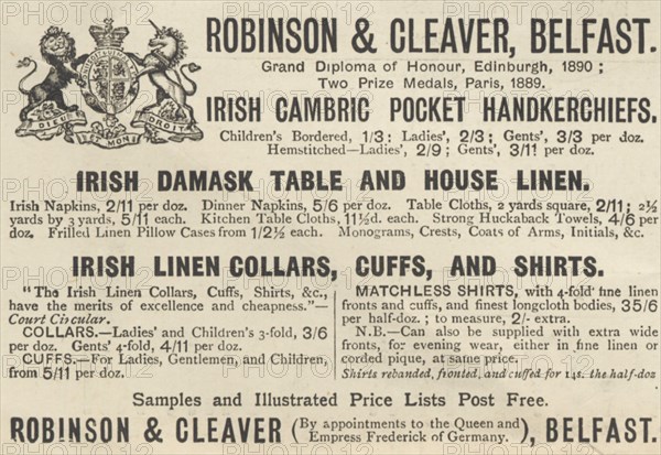 Robinson & Cleaver Linens, 1893. Artist: Unknown