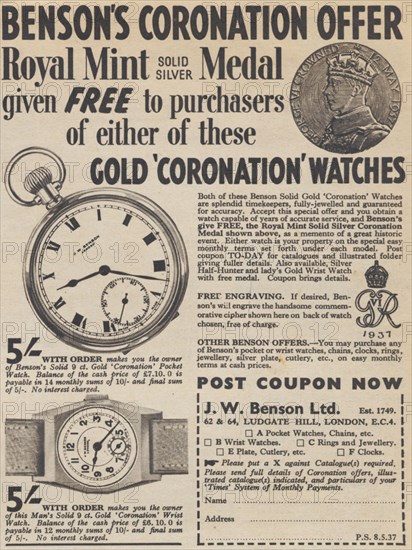 J W Benson Corornation watches, 1937. Artist: Unknown