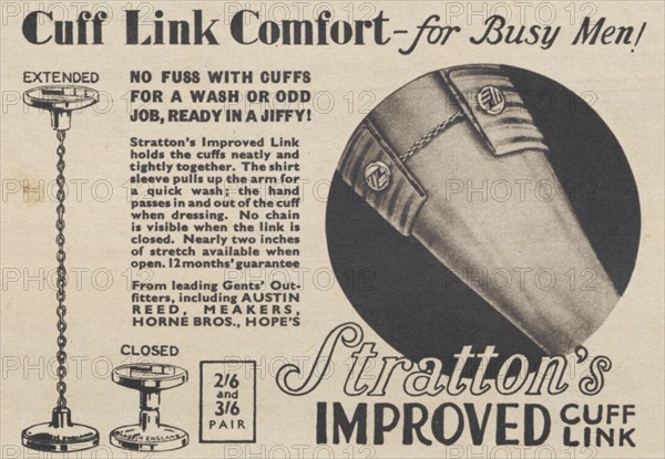 Stratton's Improved Cuff Link, 1937. Artist: Unknown