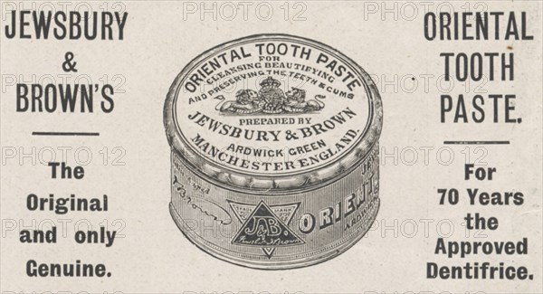 Jewsbury & Browns Oriental tooth paste, 1898. Artist: Unknown