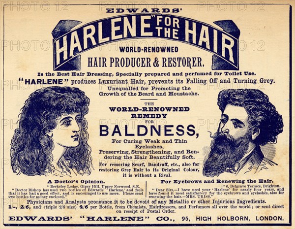 Edwards Harlene hair dressing, 1890s. Artist: Unknown