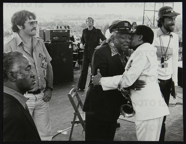 Count Basie and Illinois Jacquet meet up on stage at the Capital Radio Jazz Festival, London, 1979. Artist: Denis Williams