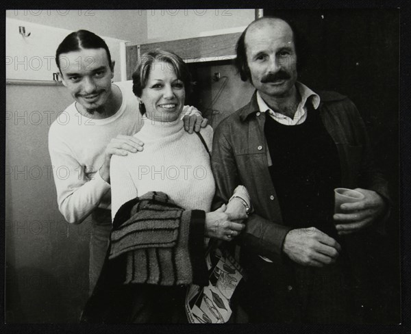 Weather Report band members Jaco Pastorius and Joe Zawinul with Jacki Kirkham-Pamflett at the Odeon, Artist: Denis Williams