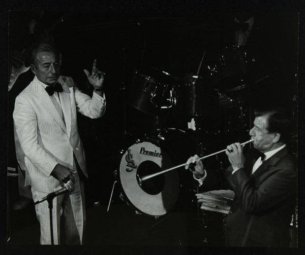 Dance band leader Joe Loss (left) on stage at the Forum Theatre, Hatfield, Hertfordshire, 1986. Artist: Denis Williams