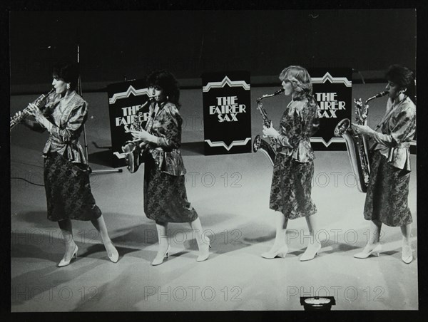 All-female quartet The Fairer Sax performing at the Forum Theatre, Hatfield, Hertfordshire, 1987. Artist: Denis Williams