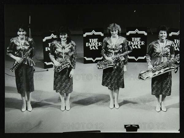 All-female quartet The Fairer Sax on stage at the Forum Theatre, Hatfield, Hertfordshire, 1987. Artist: Denis Williams