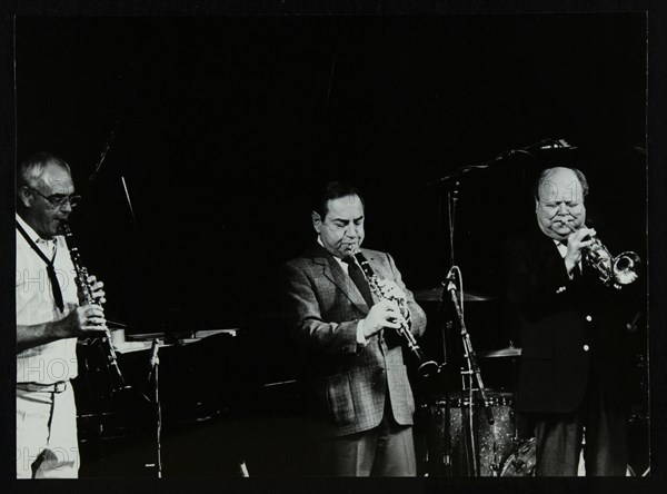 Terry Lightfoot, Peanuts Hucko and Billy Butterfield playing at Potters Bar, Hertfordshire, 1986. Artist: Denis Williams