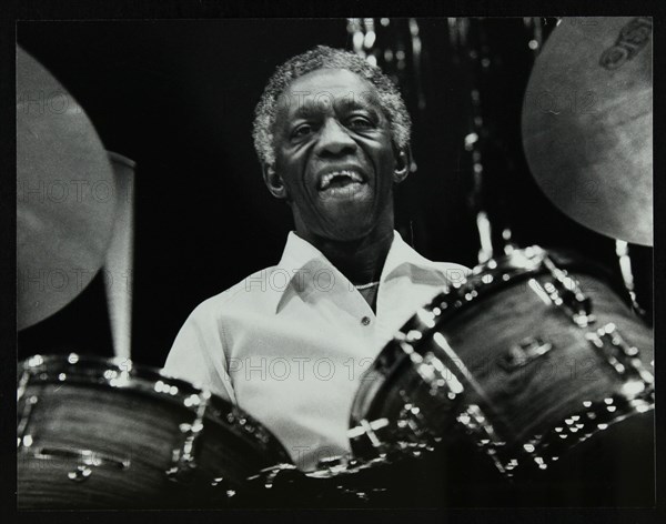 Art Blakey on stage with the Jazz Messengers at the Forum Theatre, Hatfield, Hertfordshire, 1978. Artist: Denis Williams