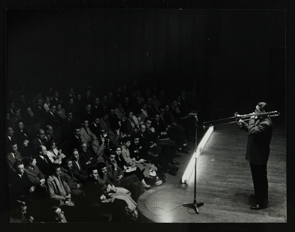 Trombonist and bandleader Jack Teagarden on stage at Colston Hall, Bristol, 1957. Artist: Denis Williams