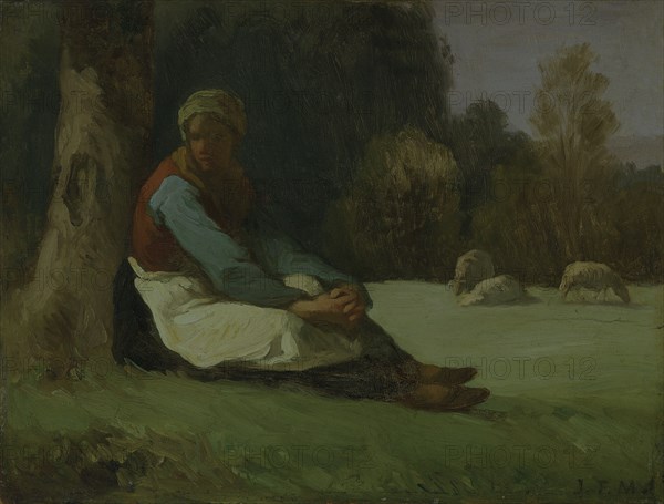 'Seated shepherdess', c1850s. Artist: Jean Francois Millet.