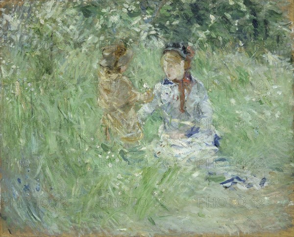 'Woman and child in a meadow at Bougival', 1882. Artist: Berthe Morisot.