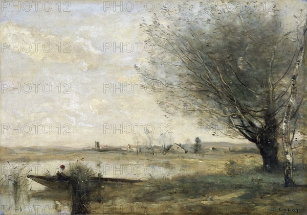 'Fisherman moored at a bank', 1865-70. Artist: Jean-Baptiste-Camille Corot.