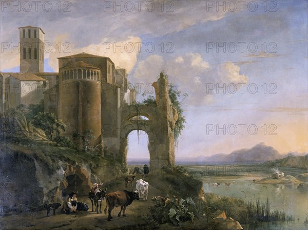 'River landscape with the Church of SS Giovanni e Paolo, Rome', c.1630-1652. Artist: Jan Asselijin