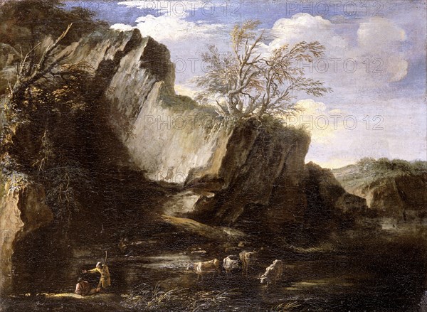 'Rocky landscape with herdsmen and cattle', 1625-1673. Artist: Salvator Rosa.