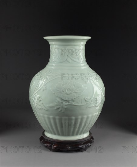 Vase with relief decoration of scrolling peonies, before 1941. Artist: Miyanaga Tozan.