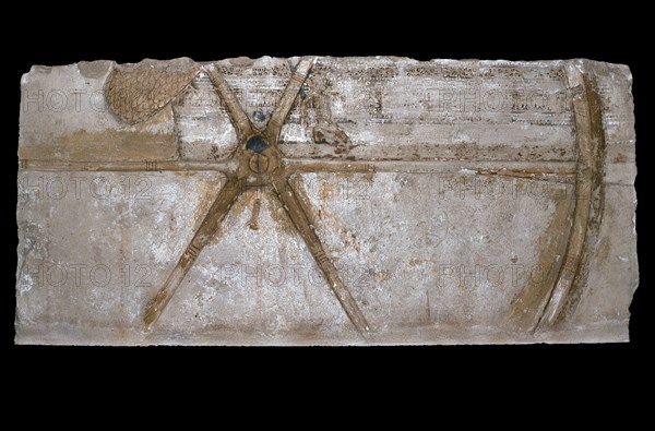 Carved and painted limestone block with depiction of a chariot wheel, 1353 BC-1335 BC. Artist: Unknown.