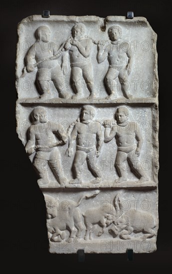 Marble relief with 3 registers: slaves in chains and animals, c200. Artist: Unknown.