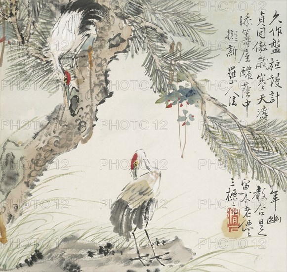 A pair of cranes by a pine tree, 1857. Artist: Jin Yuan.