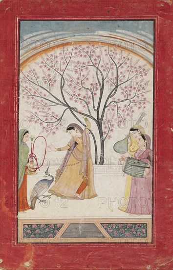 Lady on terrace with tree branch, peacock, maid, and two musicians, late 18th-early 19th century Artist: Unknown.