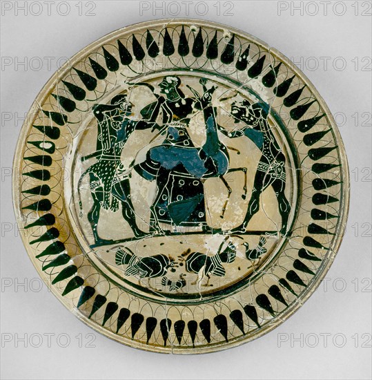 Athenian? (or Laconian?) black-figure plate depicting Heracles and Apollo fighting over a deer, c560 Artist: Unknown.